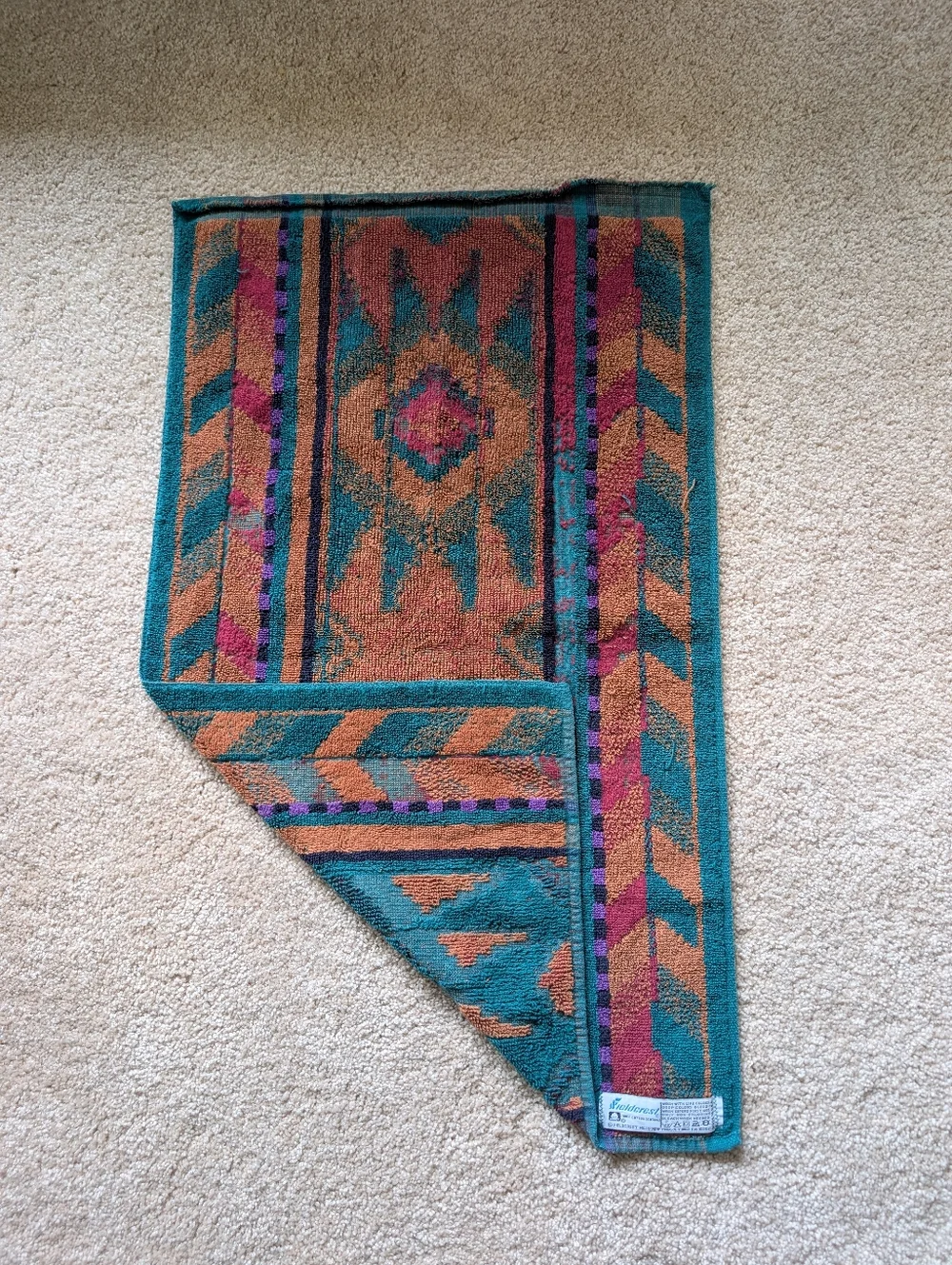 Vintage Fieldcrest Teal Orange Tribal Aztec Print Cotton Hand Towel